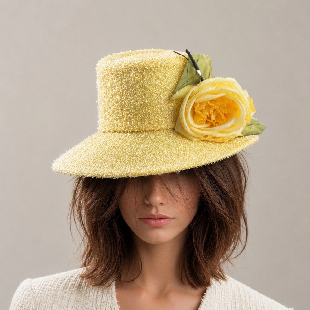 Vintage Style Yellow Boucle Tweed Cloche Hat Large Silk Rose Floral Church Derby